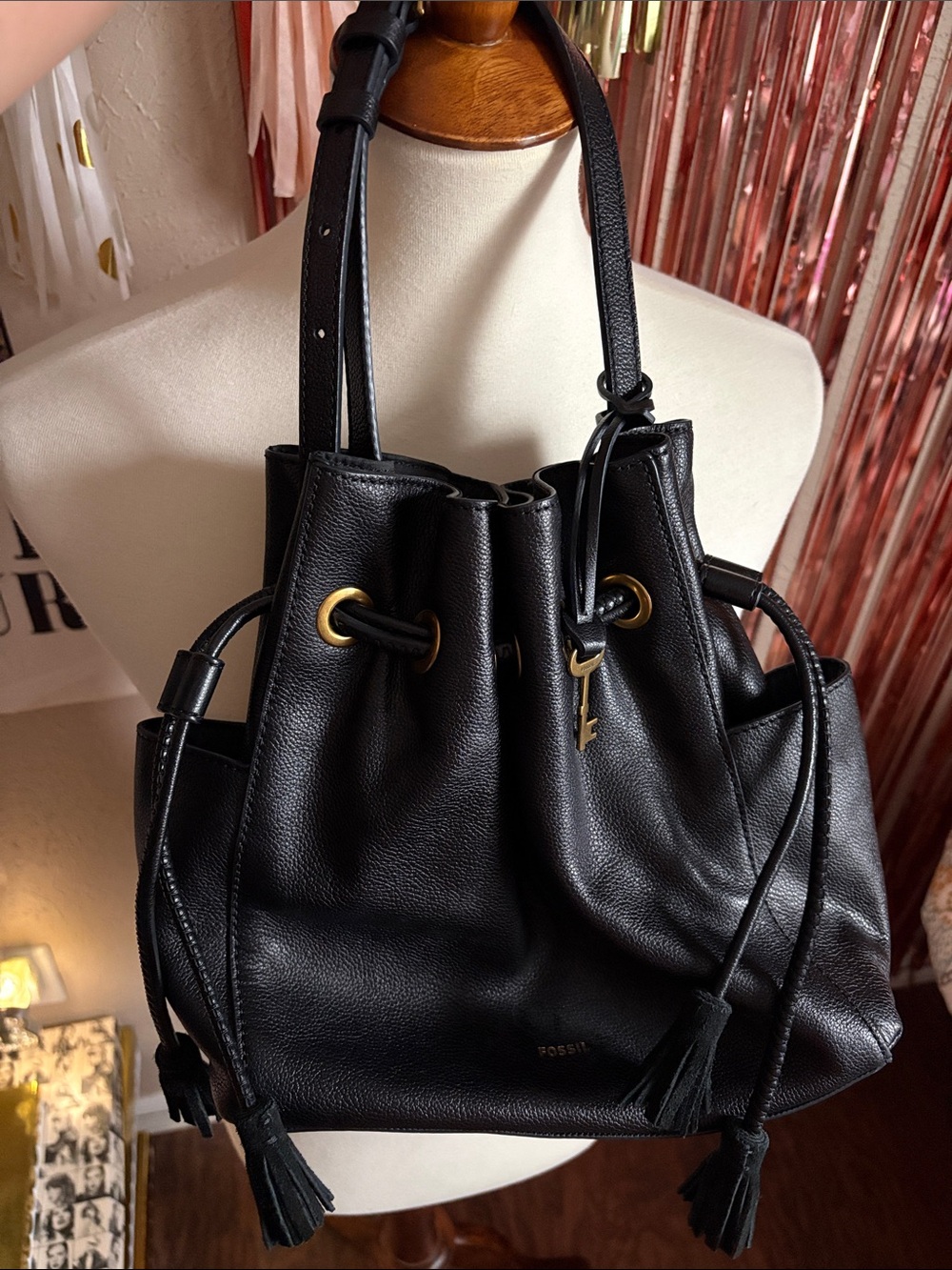 Fossil Black Pebbled Leather Drawstring Crossbody Bag with Gold Hardware